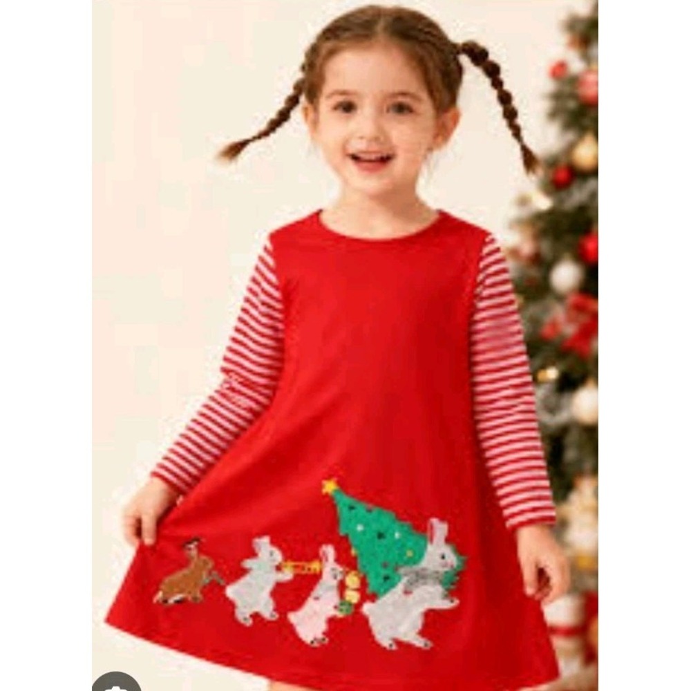 HILEELANG Toddler Girl Christmas Holiday Dress Bunny Tree Applique 100% CTN 3T